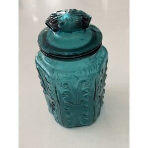 Vintage L.E. Smith Atterbury Scroll Canister Teal Glass With Lid 9.5"